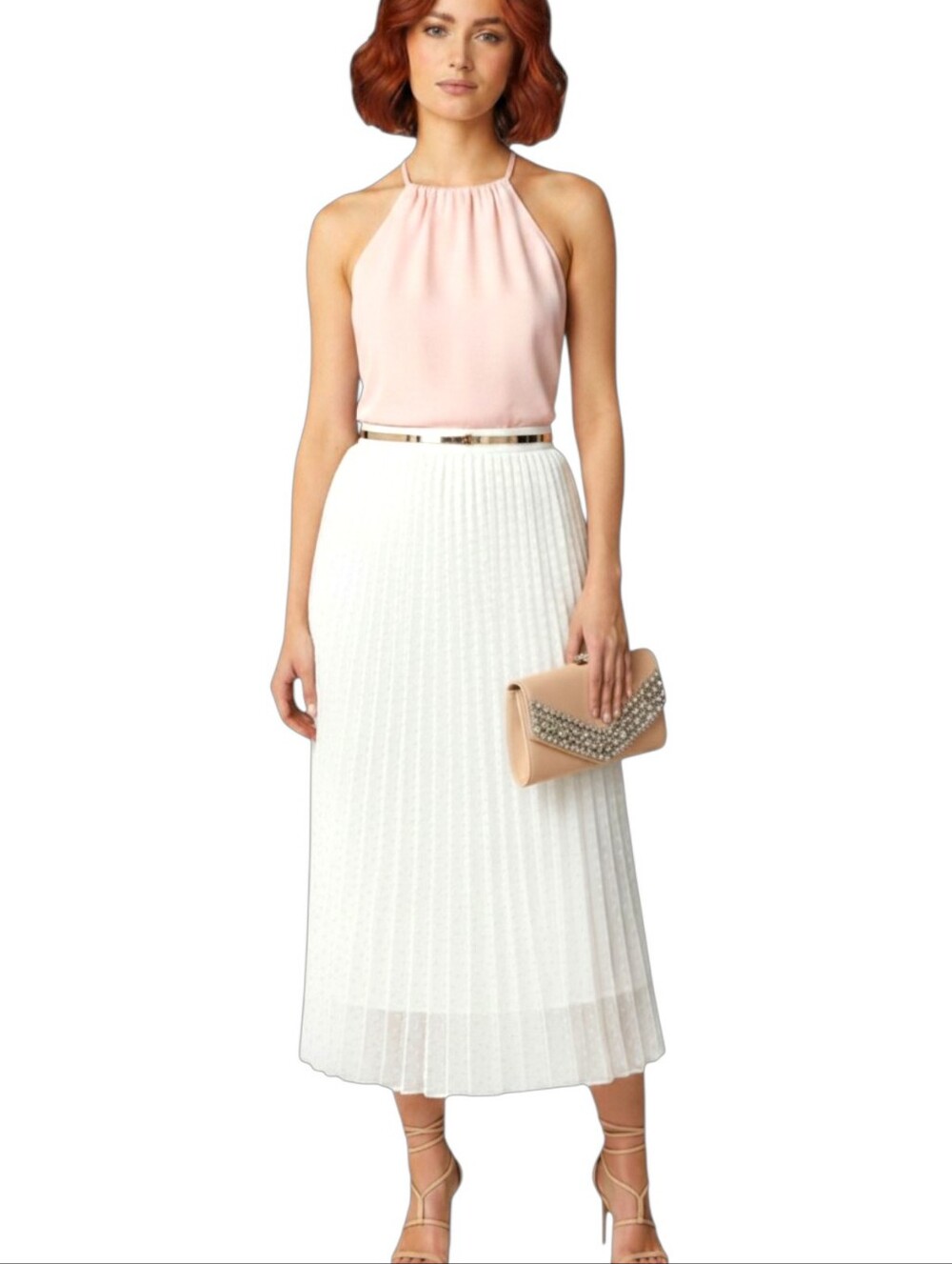 Vince Camuto White Pleated Polka Dot Maxi Skirt Size L EUC Chic Flowy